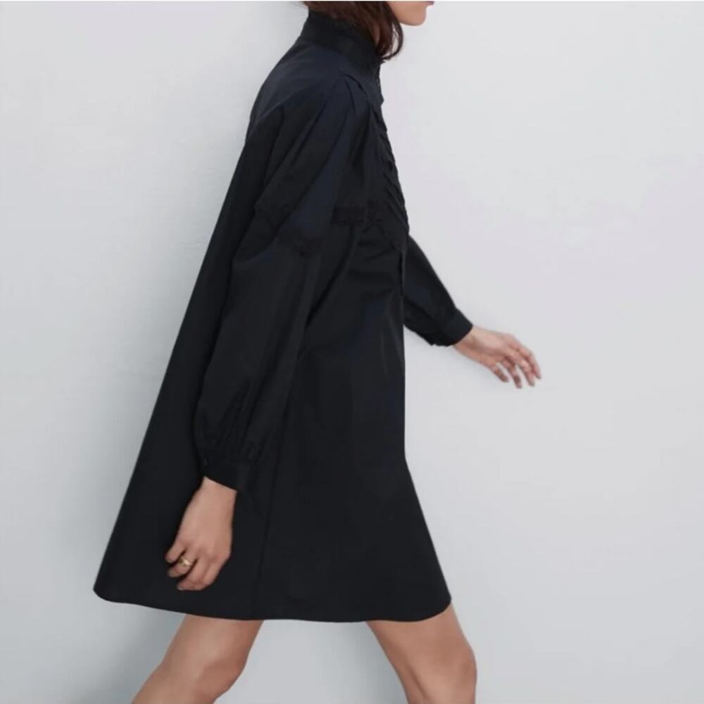 Zara Black Long Puff Sleeve Poplin Button Up Mini Shirt Dress Pintuck Lace LARGE - Picture 2 of 10